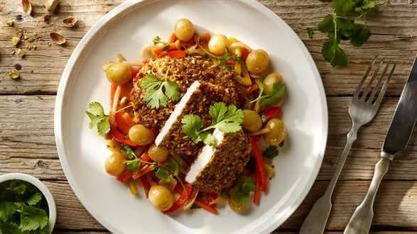 Szybki schab w pistacjach ze słodko-kwaśnymi warzywami